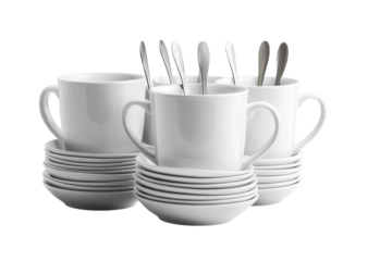 Elegant White Porcelain Coffee Mug Set with Saucers and Spoons perfect for a cozy morning or afternoon tea party ideal for cafes homes and on transparent background
