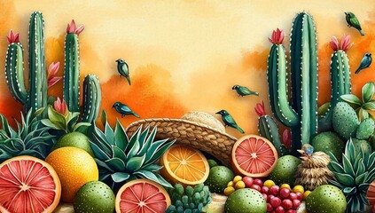 A vibrant still life capturing southwestern elements, ideal for Cinco de Mayo celebrations, food festivals, or festive decorations with a playful desert ambiance.