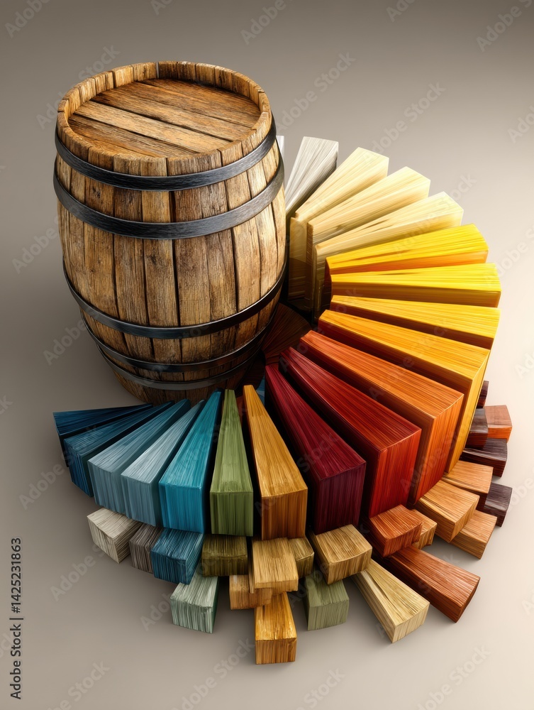 Aufkleber barrel morphing into pie chart illustrating energy distribution among various resources and material