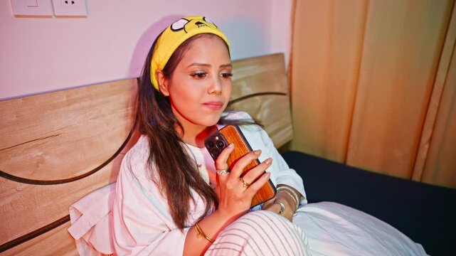 Lady lounges on bed texting her partner with a smile
