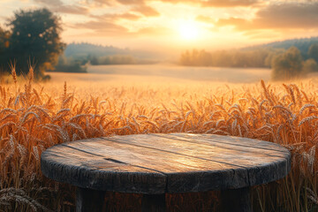 Rustic wooden table in sunlit wheat field at golden sunset