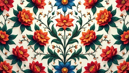 Intricate floral textile design in repeating motif, ornate, leaf, stitching