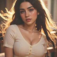 Sunlit portrait featuring long haired brunette wearing beige top, soft breeze gently moving hair, radiating natural elegance and calm beauty