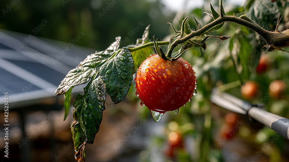 Poster the image shows a close-up of a red ripe tomato on a branch. dew drops are visible on the surface of
