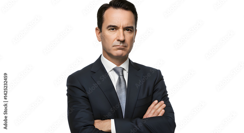 Poster portrait of a man in a suit with arms crossed looking directly at the camera on transparent backgrou