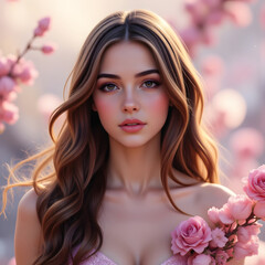Young woman wearing pink dress standing among pink blooming flowers, golden hour sunlight illuminating flowing wavy hair during spring garden photoshoot