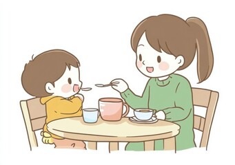 mother and daughter having breakfast