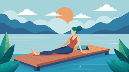 The gentle sound of water lapping against the shore can be heard during a soothing Pilates session on a floating dock providing a unique and. Vector illustration