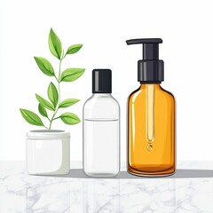 Flat design of a mineral water spray bottle paired with a serum bottle placed on a marble floor  The transparent glass containers showcase a natural organic and wellness focused product concept