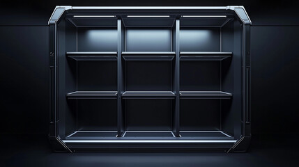 Obraz premium Futuristic empty shelving unit with metallic design and dramatic lighting in a dark, sci-fi inspired environment.