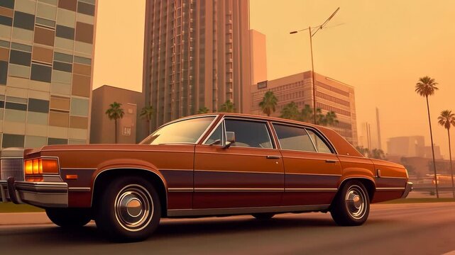 Expesive retro car in 70s style on the urban street with orange sky