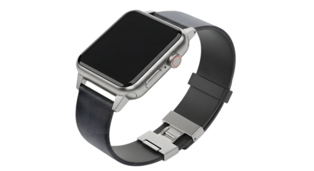 Silver smartwatch with a dark band and a metal clasp shown in a close up view on transparent background
