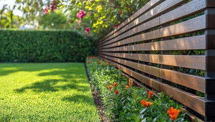 Fototapeta premium A wooden fence with a green hedge on the right side