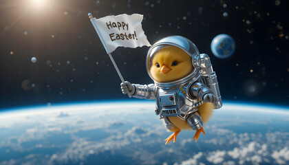 Naklejka premium Easter chick astronaut in space happy easter banner holiday celebration festive season adorable cute art 3d