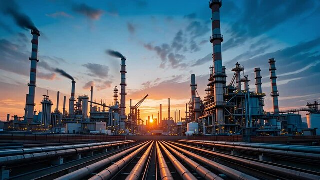 Oil refinery industrial plant at sunset energy production and manufacturing complex petrochemical industry