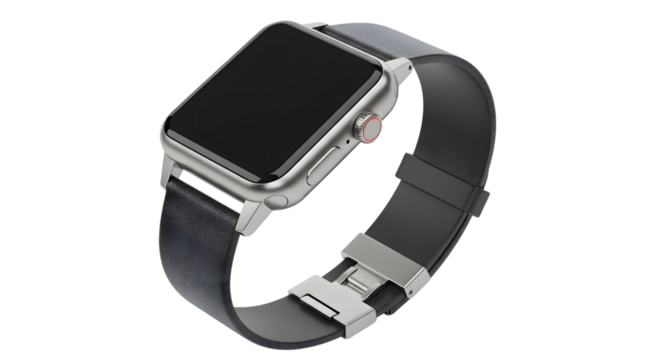 Silver smartwatch with a dark band and a metal clasp shown in a close up view on transparent background