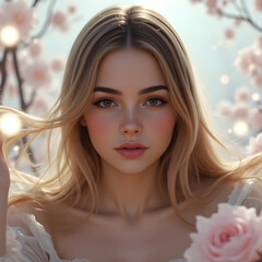 Young blonde woman standing near pink blossomed sakura tree, wearing soft makeup, basking in springtime sunlight and delicate floral landscape