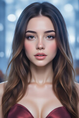 Professional headshot featuring slender woman with flowing brown waves wearing sophisticated gown, highlighting graceful posture and radiant complexion