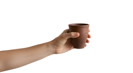 Hand holding a small brown ceramic cup extending from the left side of frame on transparent background
