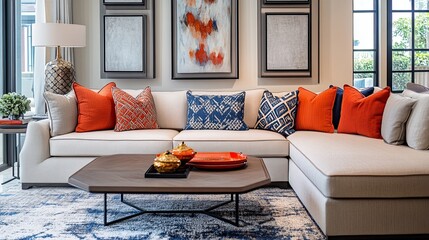 Modern living room with beige couch, colorful pillows, and unique decor elements for a chic vibe. 