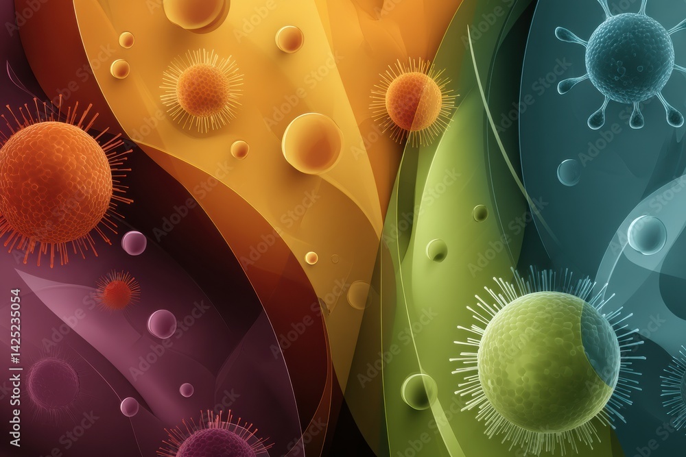 Poster vibrant abstract representation of a healthy immune system featuring colorful shield shapes and micr