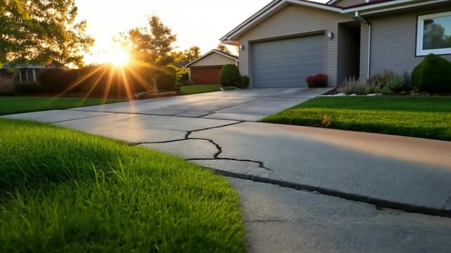 Sunset view of suburban driveway with lush grass and soft light