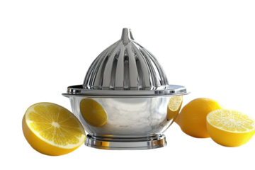 Elegant silver lemon juicer with ripe lemons ready for juicing reflecting light on a dark background a perfect kitchen tool for fresh on transparent background