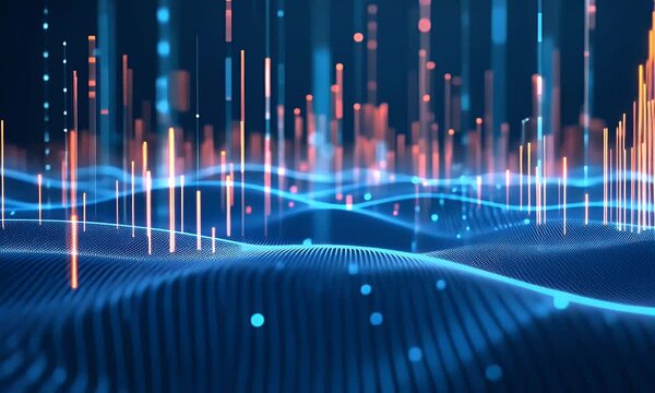 Stock market graph on a blue background, stock chart and candlestick charts with red lines going up on a digital screen, a business concept
