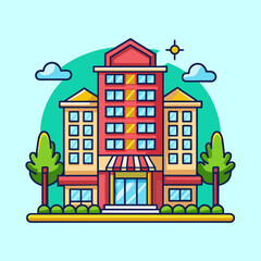 Cartoon illustration of a three story office building with trees and sky