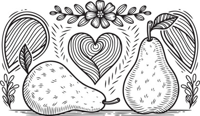 Whimsical botanical artwork in black and white showing two distinct pear varieties arranged artistically in a playful and elegant hand drawn composition