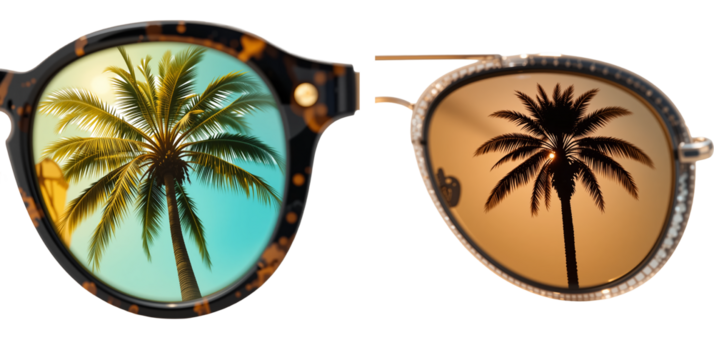 Stylish sunglasses featuring palm trees reflected in the lenses, set against a vibrant blue and orange background. Concept of summer fashion and tropical vibes.