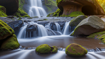 Beautiful waterfall in the middle of the forest. Clear water with moss and trees around.  AI generated.