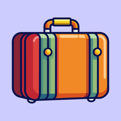 Retro striped suitcase with orange body and yellow handle on a lilac background