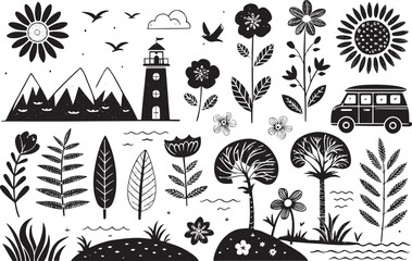 Naive Hand-Drawn Linocut Vector Set – Summer, Nature & Travel-Inspired Prints

