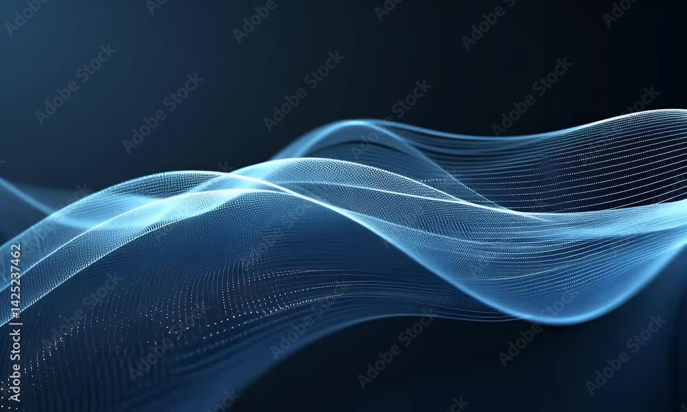 Poster abstract background with blue glowing waves and dots, creating an ethereal atmosphere.