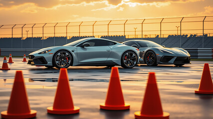 A modern sports car on a racetrack in the evening. AI generated.