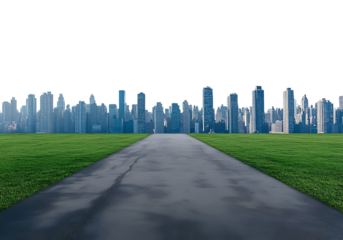 White background, city skyline on the left side of an asphalt road leading to green meadows, PNG transparent background