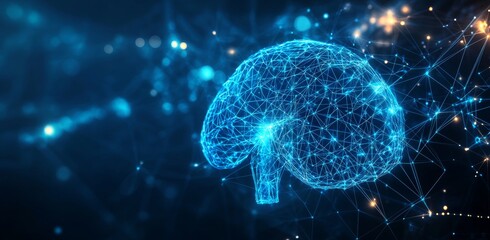 Obraz premium A brain made of lines and dots is shown in a blue background