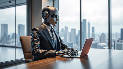 Businessman becomes a machine or robot, in a suit, on a desk.  AI generated.