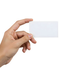 Hand holding a blank white card for presentation or advertisement purposes on transparent background