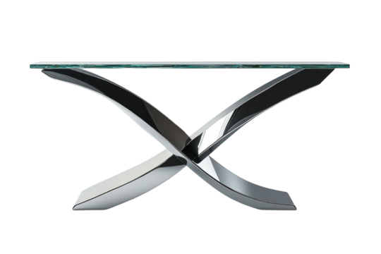 Sleek modern glass console table with a stunning chrome X shaped base perfect for contemporary interiors offering a sophisticated and on transparent background
