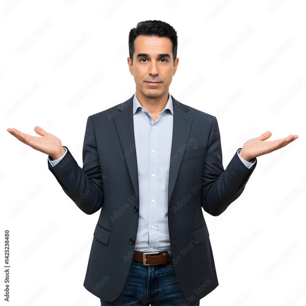 Poster man with open palms wearing a suit and jeans against a dark plain backdrop on transparent background