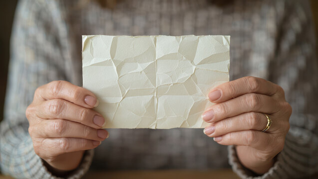 Mother’s Day. Close-up of a mother's hands holding a wrinkled letter.