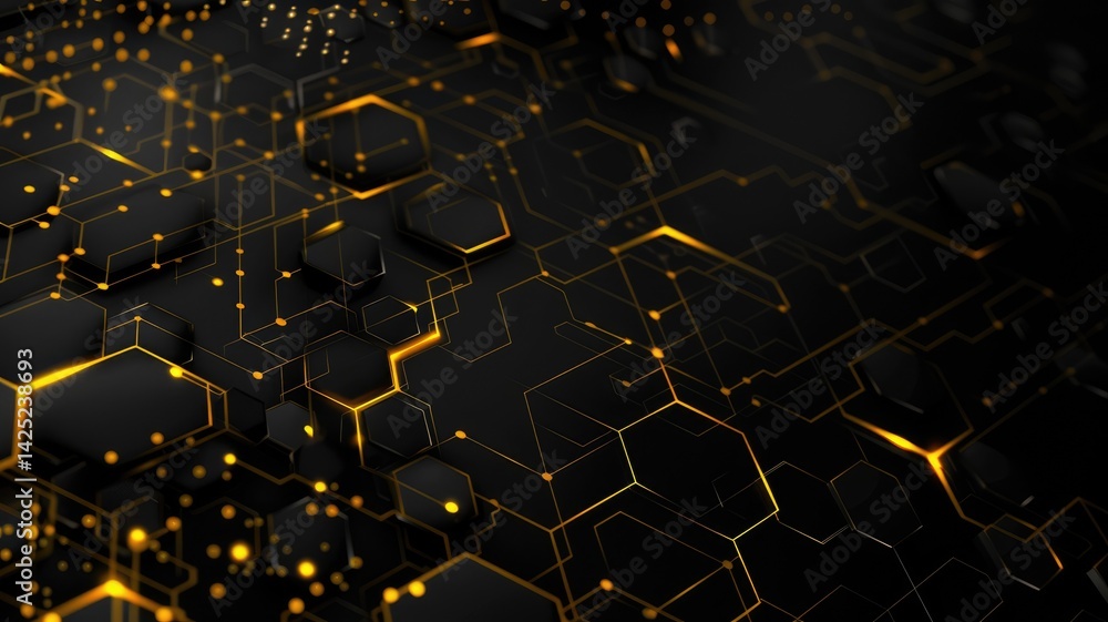 Poster explore a captivating futuristic blockchain background featuring a striking blend of black and yello