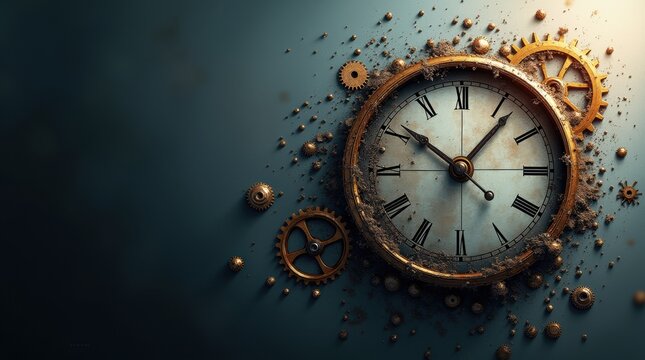 A surreal illustration of a shattered clock face suspended in space, with metallic gears and cogs floating outward in all directions, dramatic shadows and glowing highlights emphasizing the sense of t