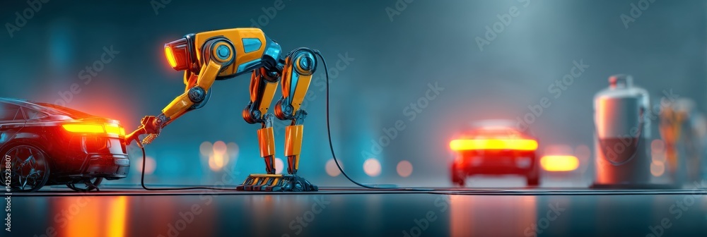 Poster Futuristic Robot Refuels an Advanced Vehicle With Synthetic Oil in a High-Tech Environment
