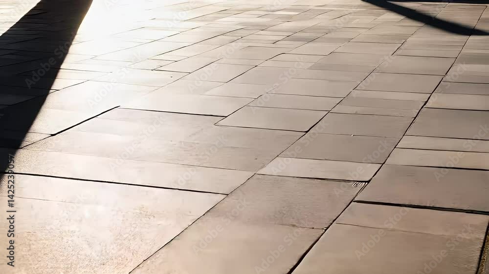 Poster sunlight casts a long shadow on a paved surface creating abstract geometric patterns