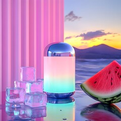 Stylish Color Changing Lamp with Ice Cubes and Watermelon Slice at Sunset
