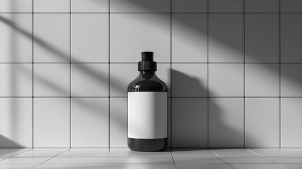 Stylish Black Pump Bottle Mockup Against White Tiles Perfect for Branding and Product Presentation
