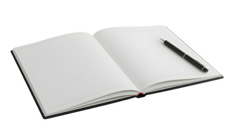 Open notebook with blank pages and a pen resting on the right side of it on transparent background